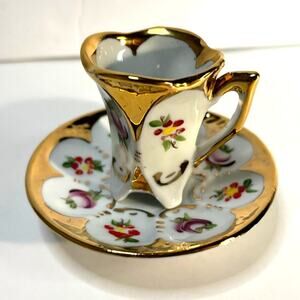 Delicate Hand Painted Footed Demitasse Gold Floral Aveiro Portugal Espresso Cup